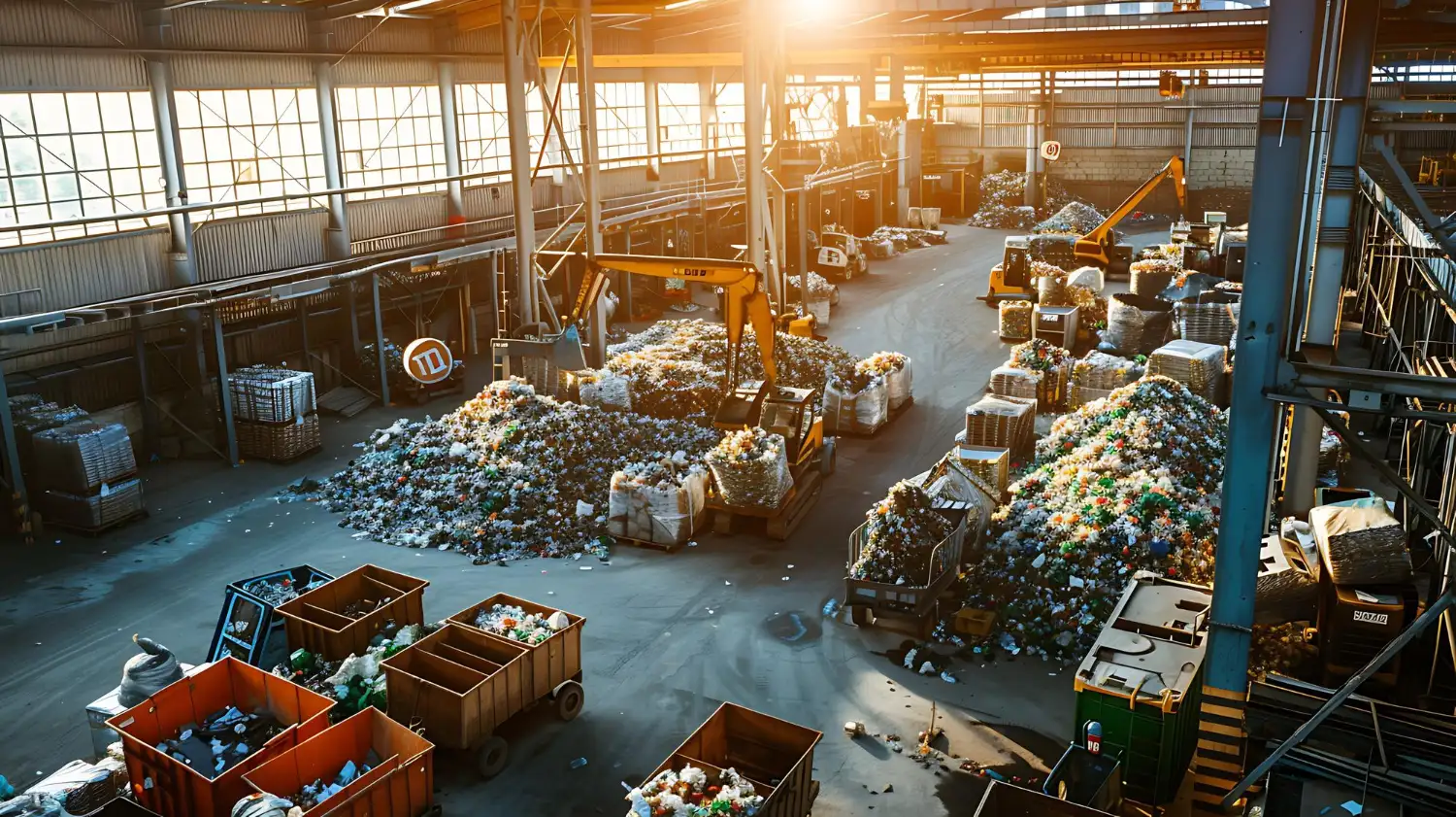 Weitläufige Recyclinghalle mit sortierten Abfallmengen und Fahrzeugen – Überblick Mistplatz Wien Standorte MA48