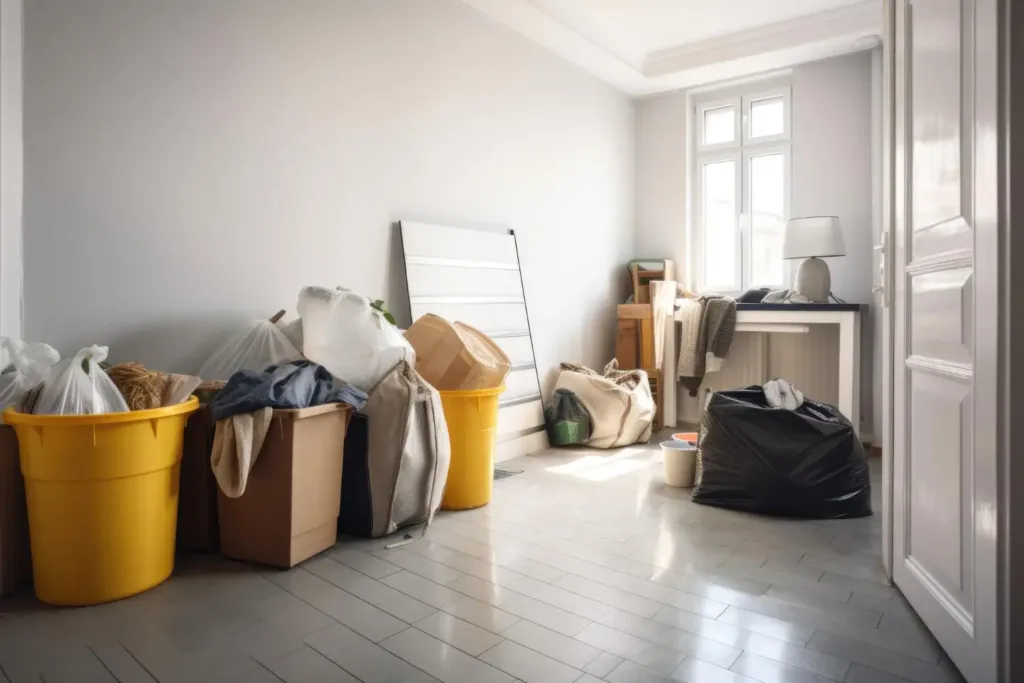 Aussortierte Kleidung, Säcke und Kübel im Vorzimmer, getrennt nach Spende, Verkauf und Entsorgung
