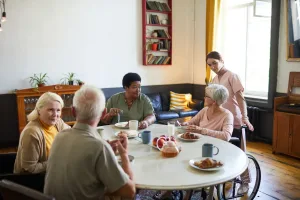 Gemeinsame Mahlzeit im betreuten Wohnen Wien mit Senioren und Pflegepersonal am Esstisch, Betreutes Wohnen Wien