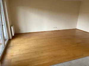 Räumung nach Zwangsversteigerung abgeschlossen: leeres Zimmer mit Parkettboden, Heizkörper und Balkontür
