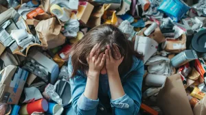 Frau verzweifelt inmitten von Müllbergen und Verpackungen als Symptom des Messie Syndroms