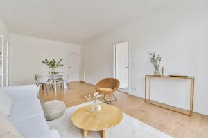 Minimalismus Wohnung mit hellem Wohnzimmer, Holzboden und reduzierter skandinavischer Einrichtung