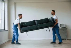 Professionelle Möbelpacker in blauer Arbeitskleidung tragen grünes Ledersofa sicher
