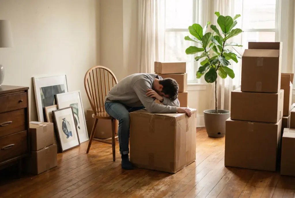 Emotional belasteter Mann bei der Nachlassräumung - professionelle Unterstützung durch Räumung 4 You Wien