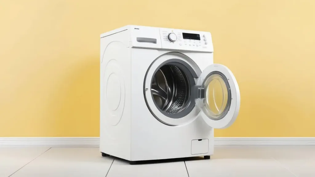 Moderne weiße Waschmaschine mit geöffneter Tür zur Entsorgung vorbereitet